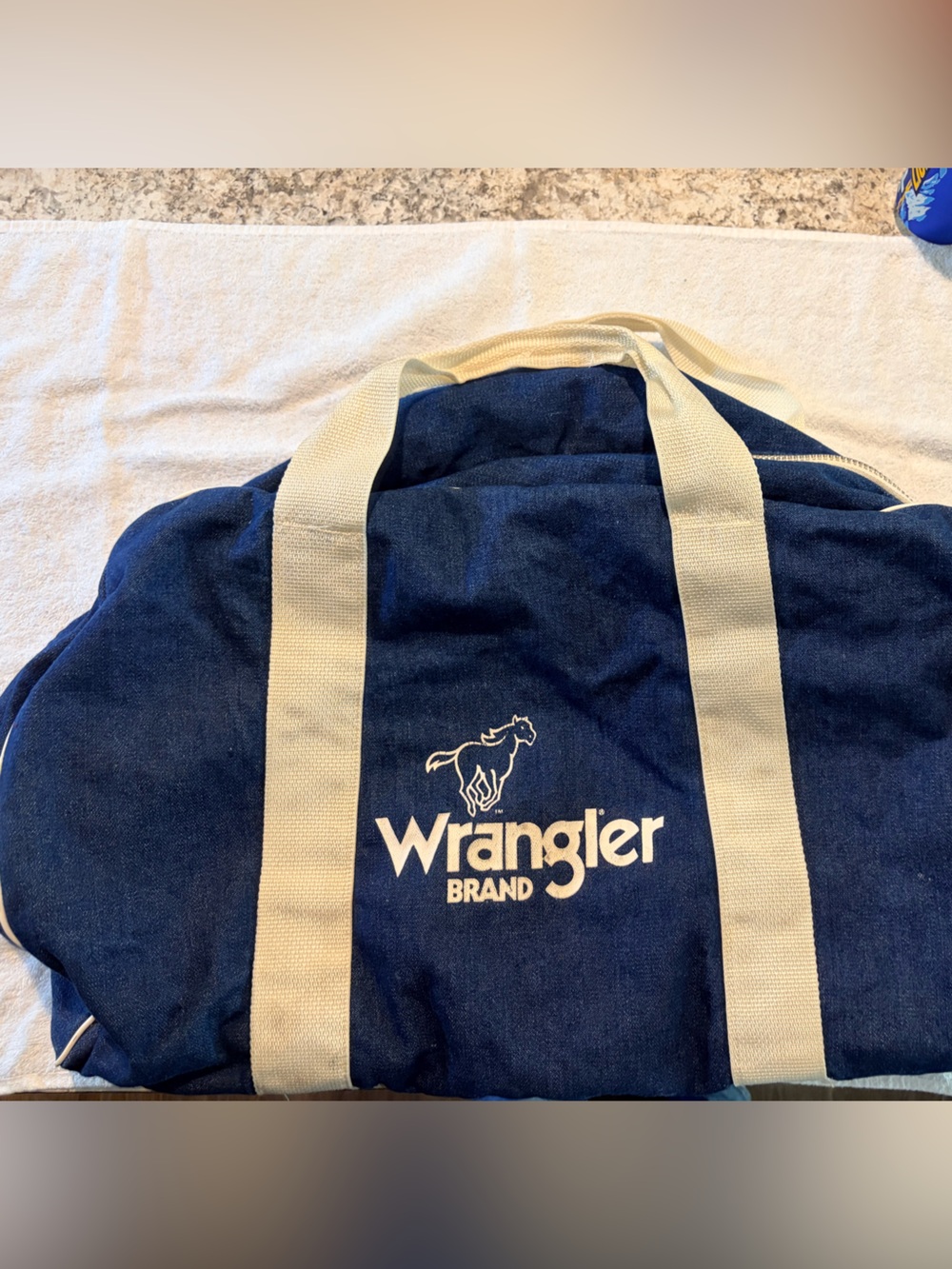 Vintage large Wrangler Blue Canvas Duffel with white Straps